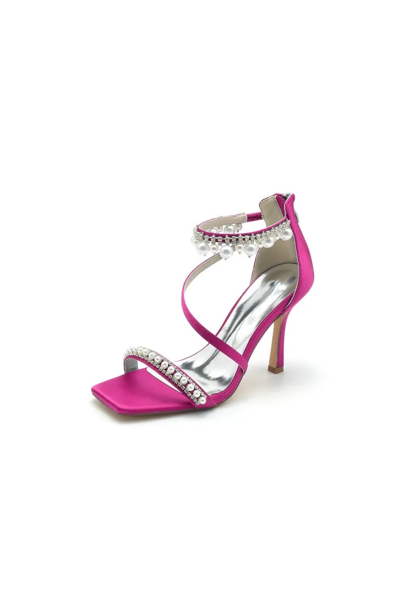 Square Open Toe Pearl Satin Stiletto Heels