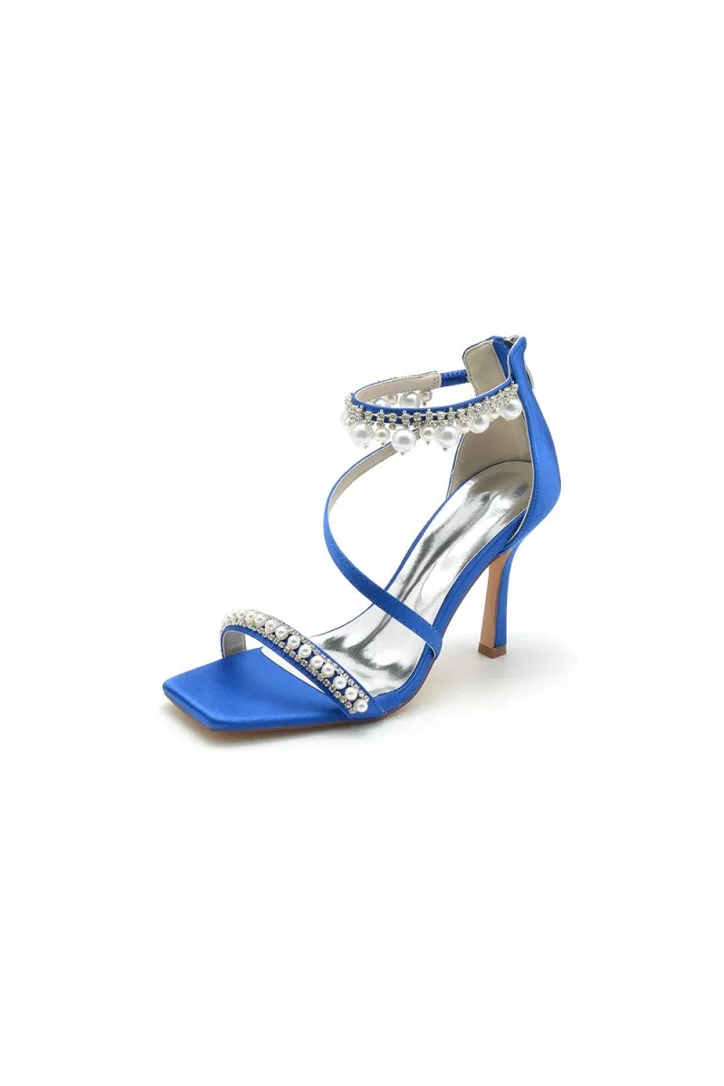 Square Open Toe Pearl Satin Stiletto Heels