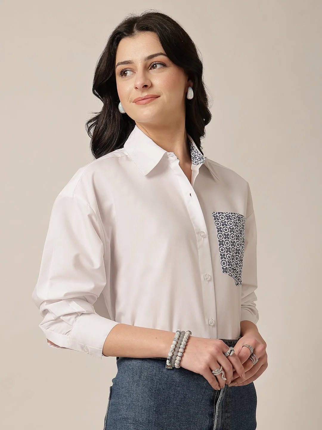 Style Quotient Women Solid Oversize Shirt with Printed pocket