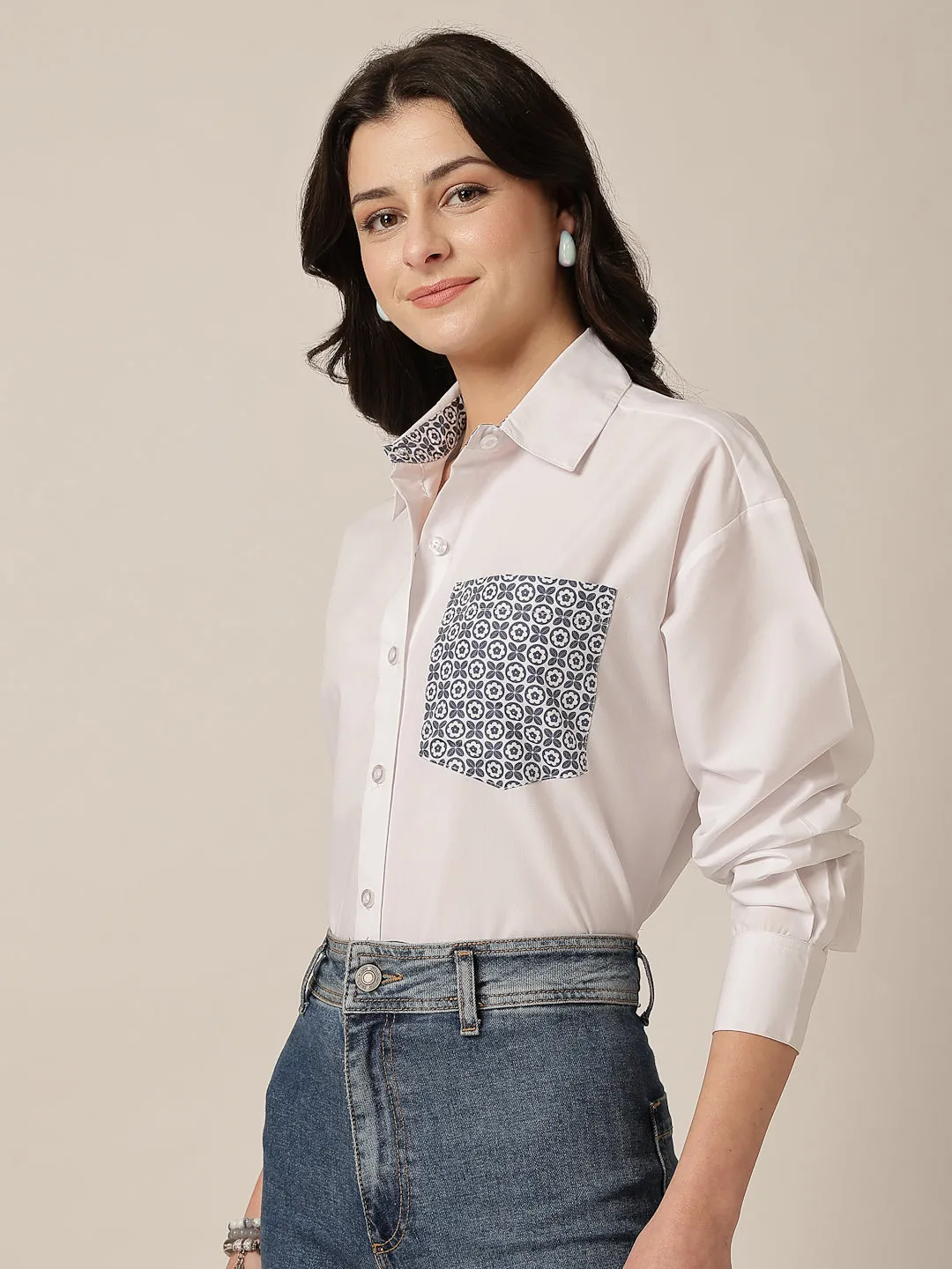 Style Quotient Women Solid Oversize Shirt with Printed pocket