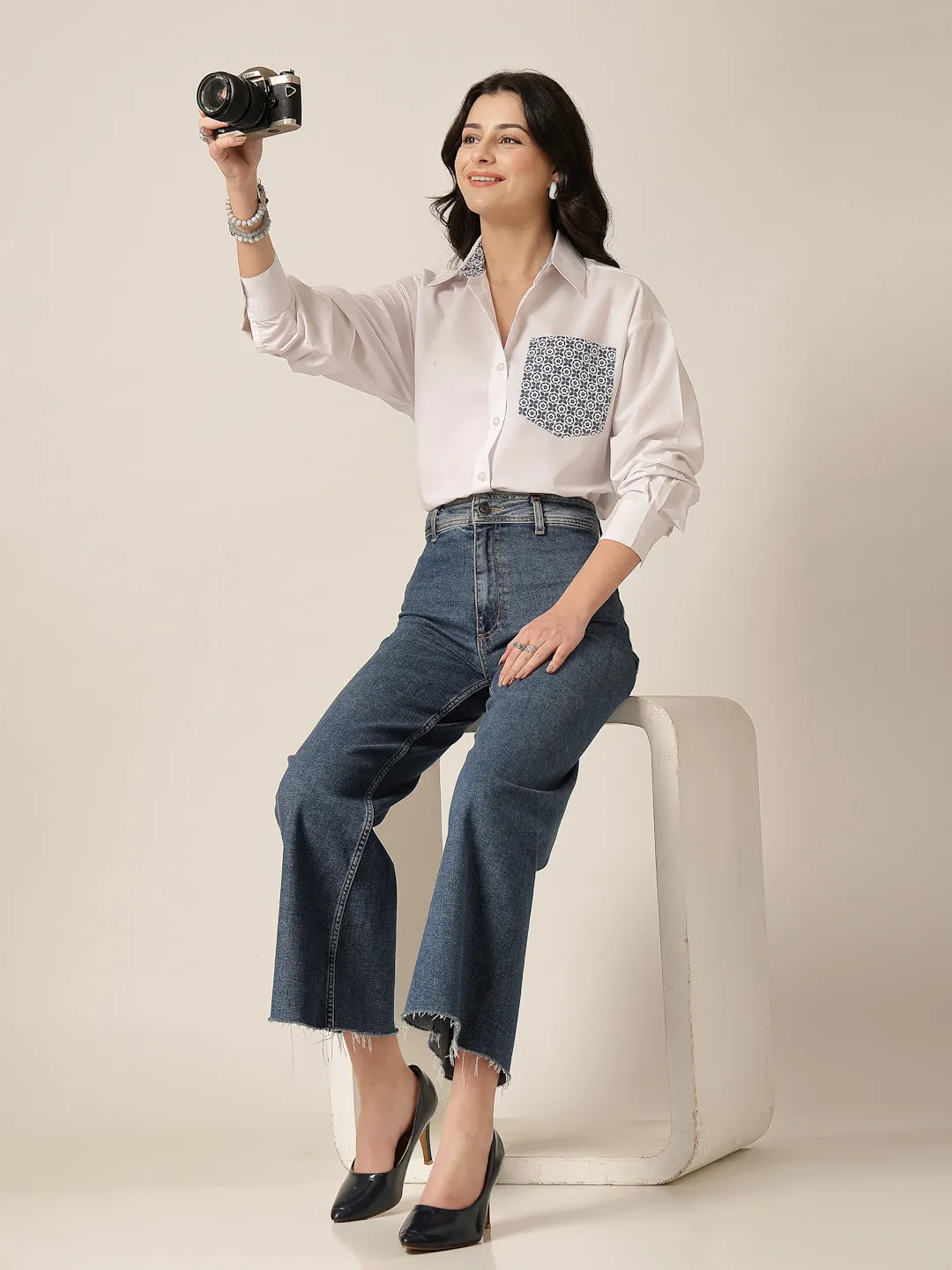 Style Quotient Women Solid Oversize Shirt with Printed pocket