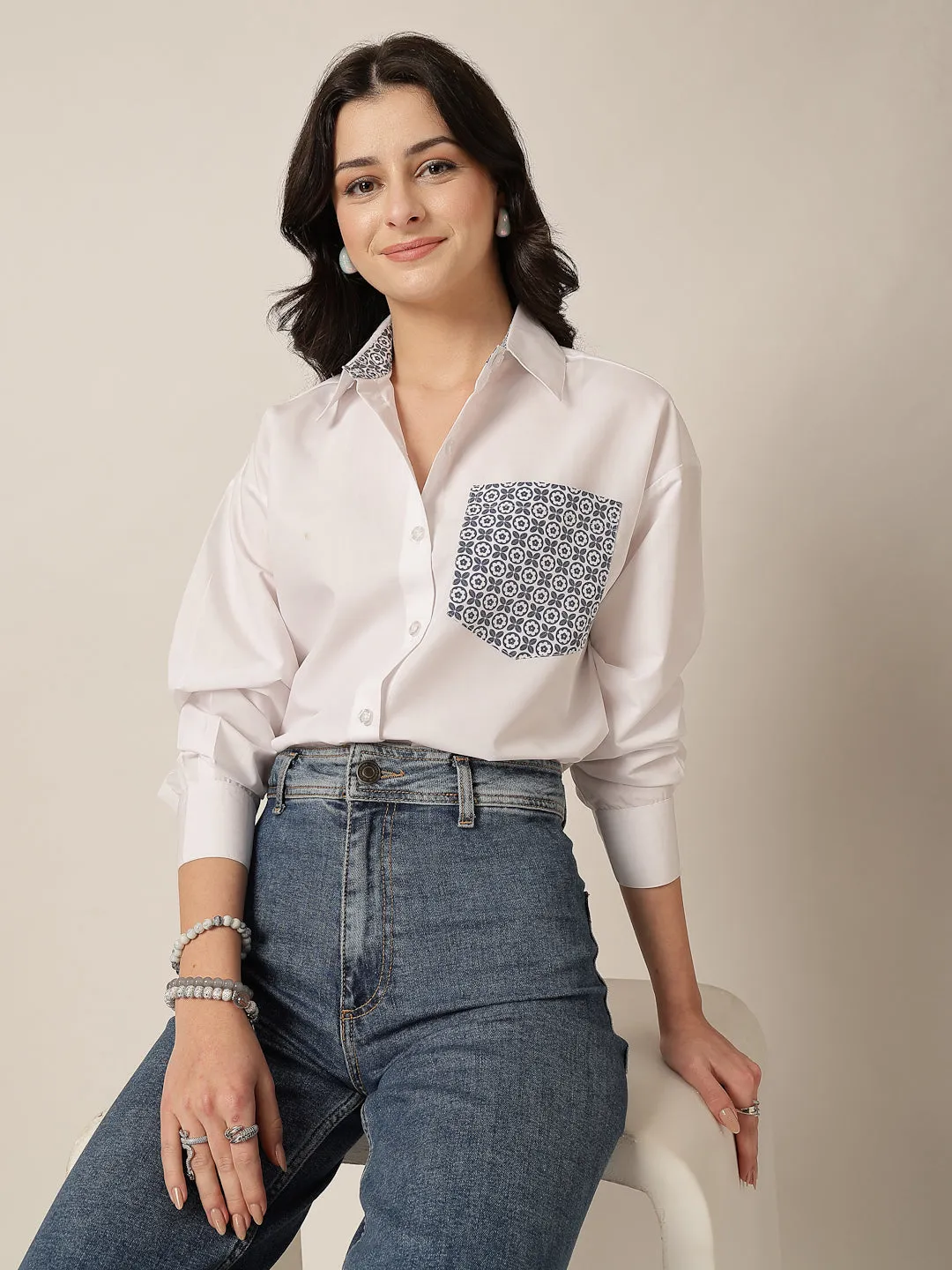 Style Quotient Women Solid Oversize Shirt with Printed pocket