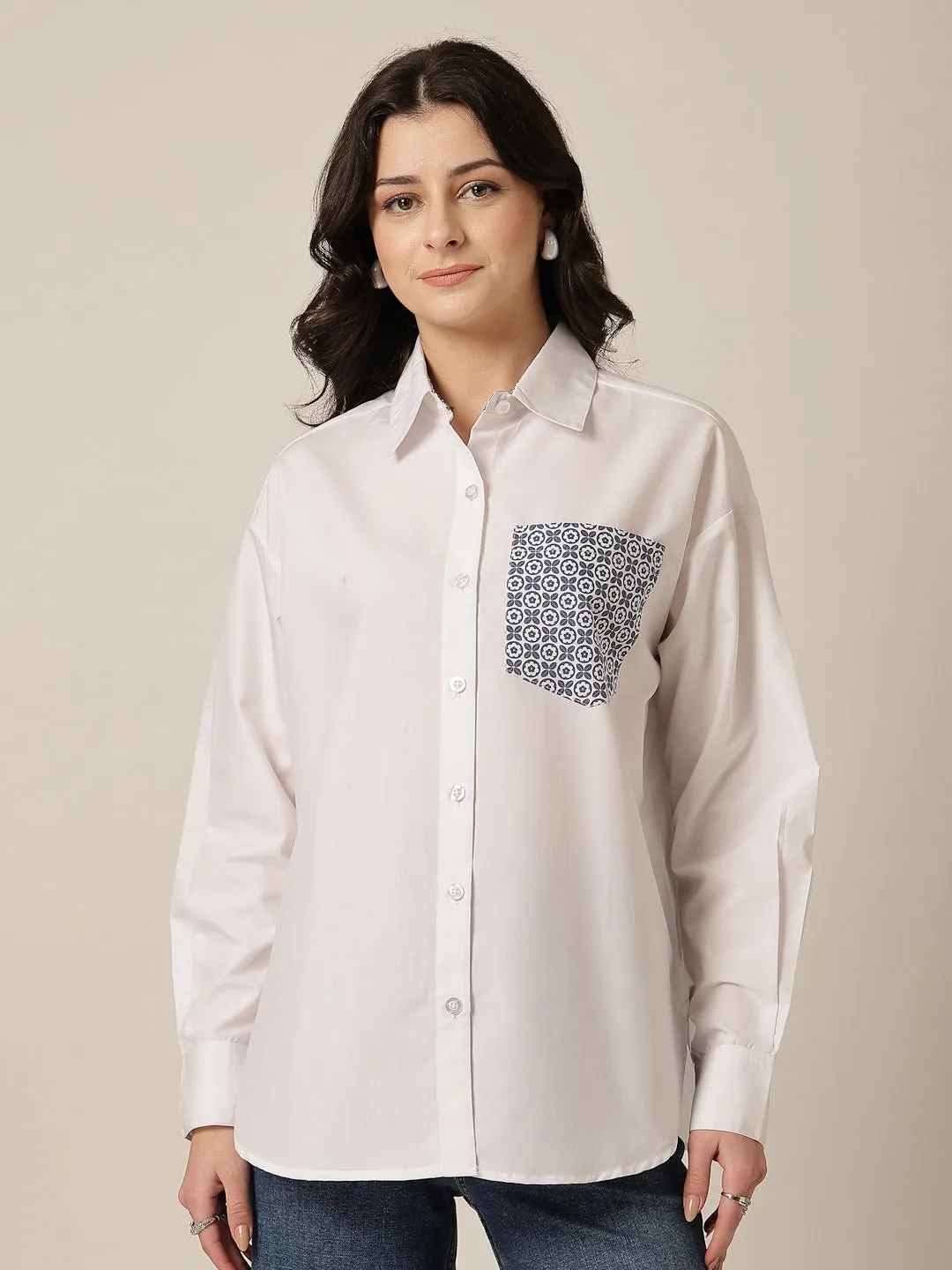 Style Quotient Women Solid Oversize Shirt with Printed pocket