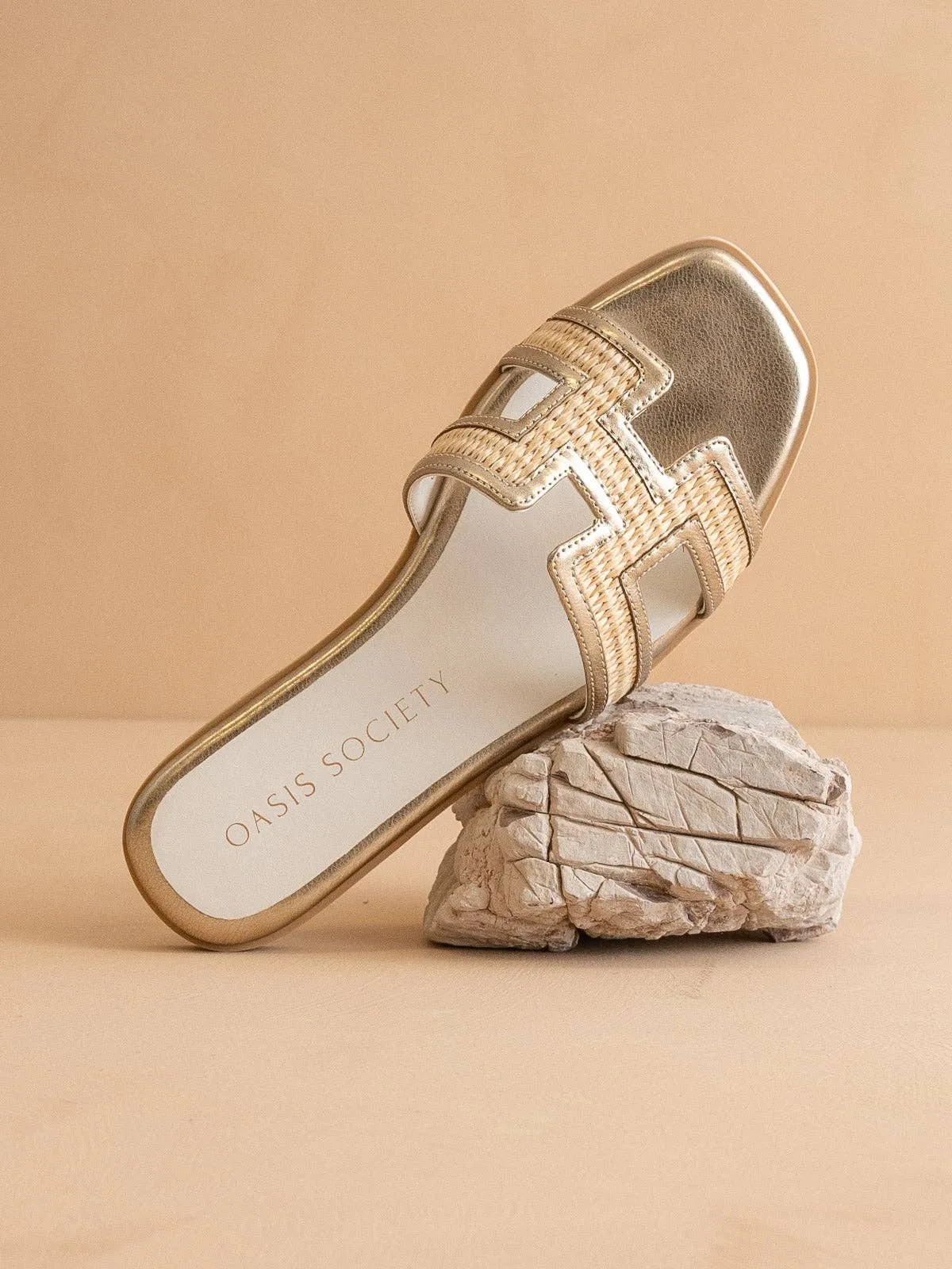 The Ena | Gold H Cutout Raffia Slide