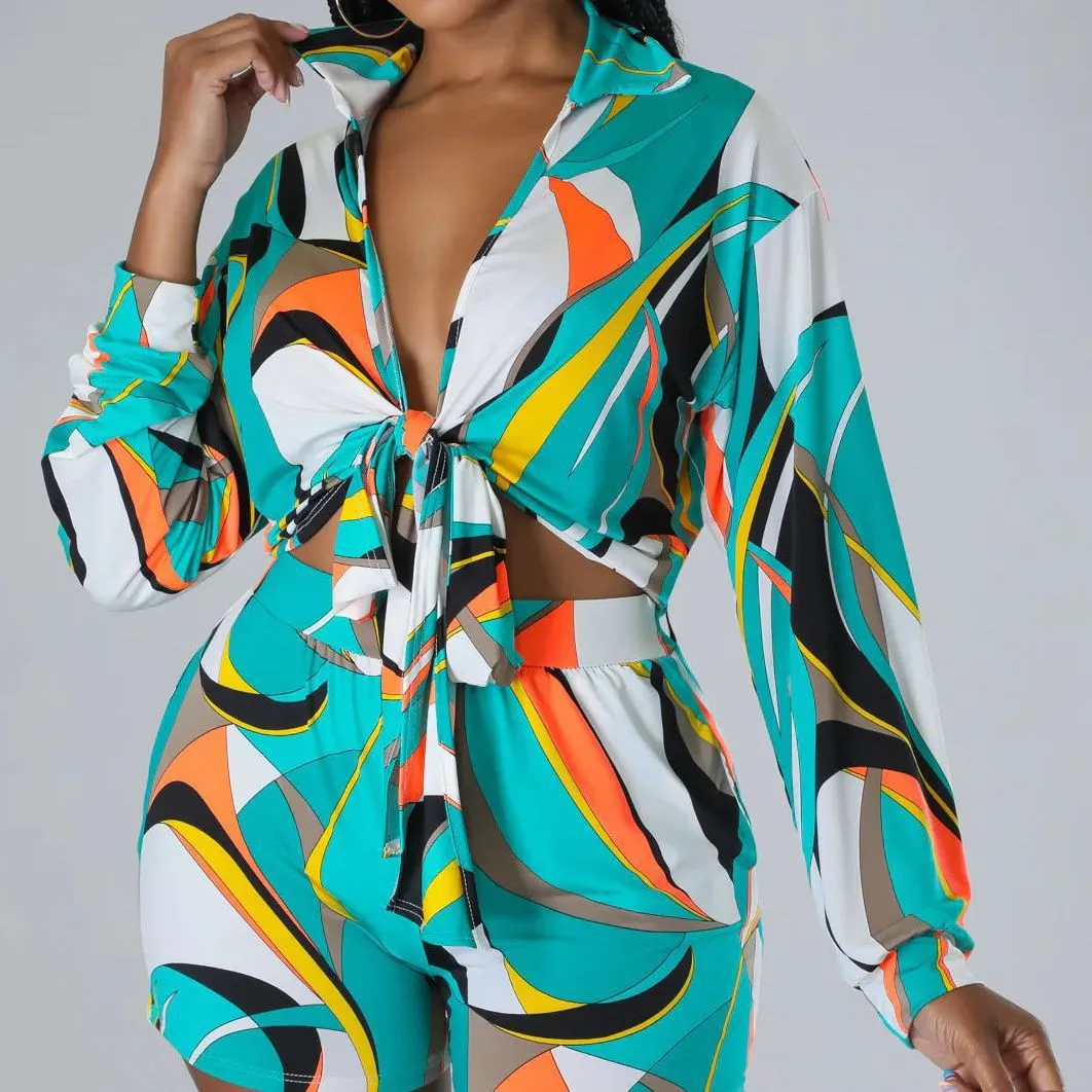 Vibrant Abstract Print Long Sleeve Tie-Front Top and Shorts Set