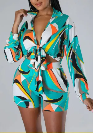 Vibrant Abstract Print Long Sleeve Tie-Front Top and Shorts Set