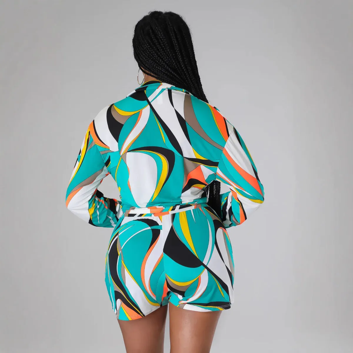Vibrant Abstract Print Long Sleeve Tie-Front Top and Shorts Set