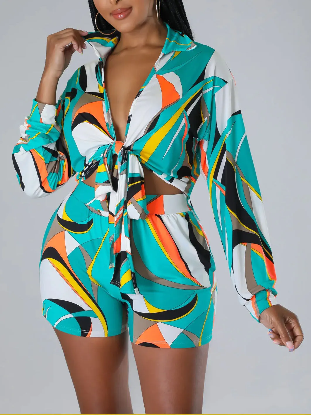 Vibrant Abstract Print Long Sleeve Tie-Front Top and Shorts Set