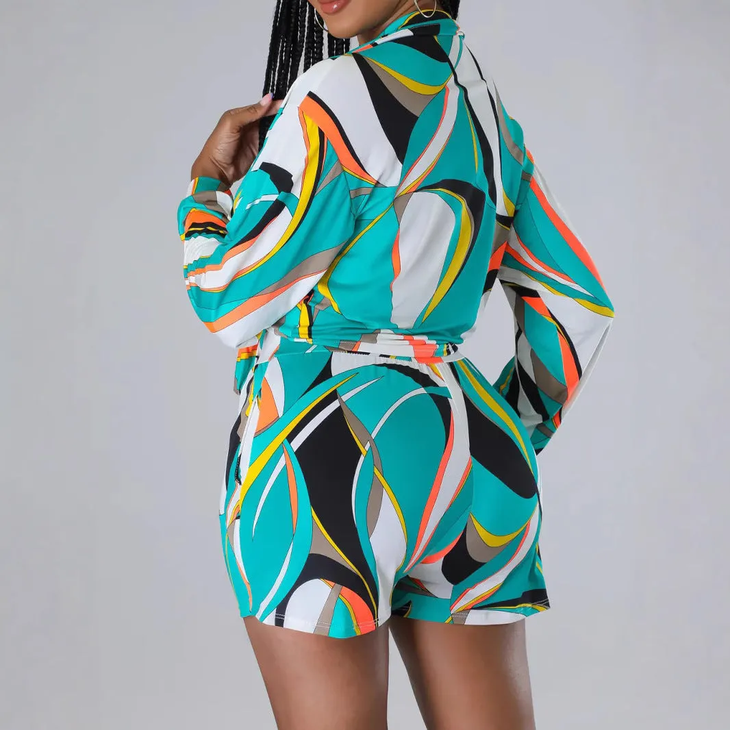 Vibrant Abstract Print Long Sleeve Tie-Front Top and Shorts Set