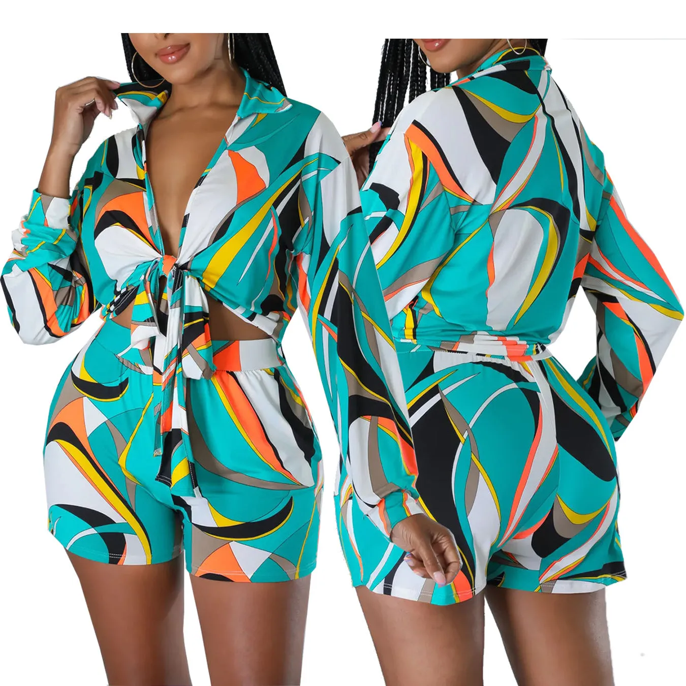 Vibrant Abstract Print Long Sleeve Tie-Front Top and Shorts Set