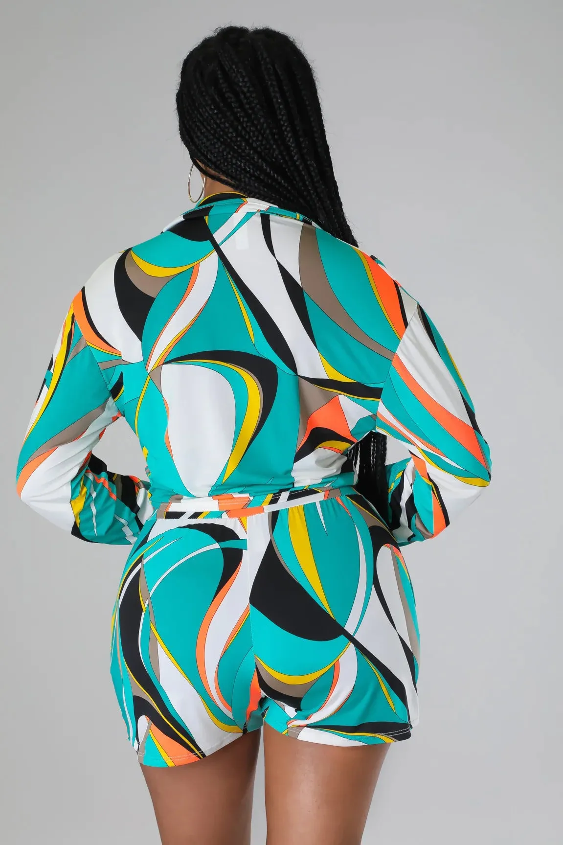Vibrant Abstract Print Long Sleeve Tie-Front Top and Shorts Set