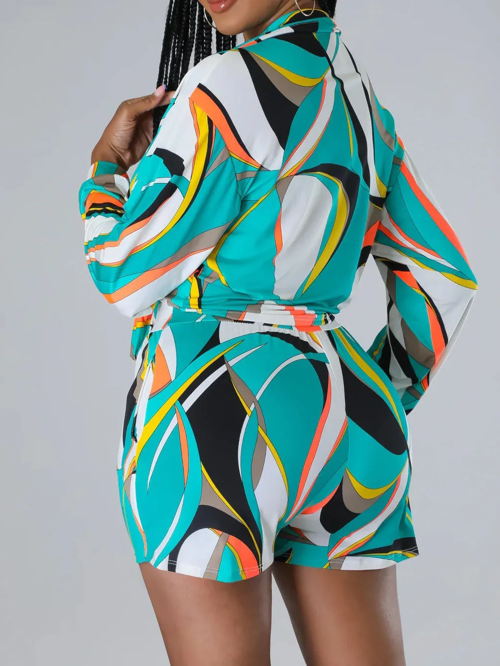 Vibrant Abstract Print Long Sleeve Tie-Front Top and Shorts Set