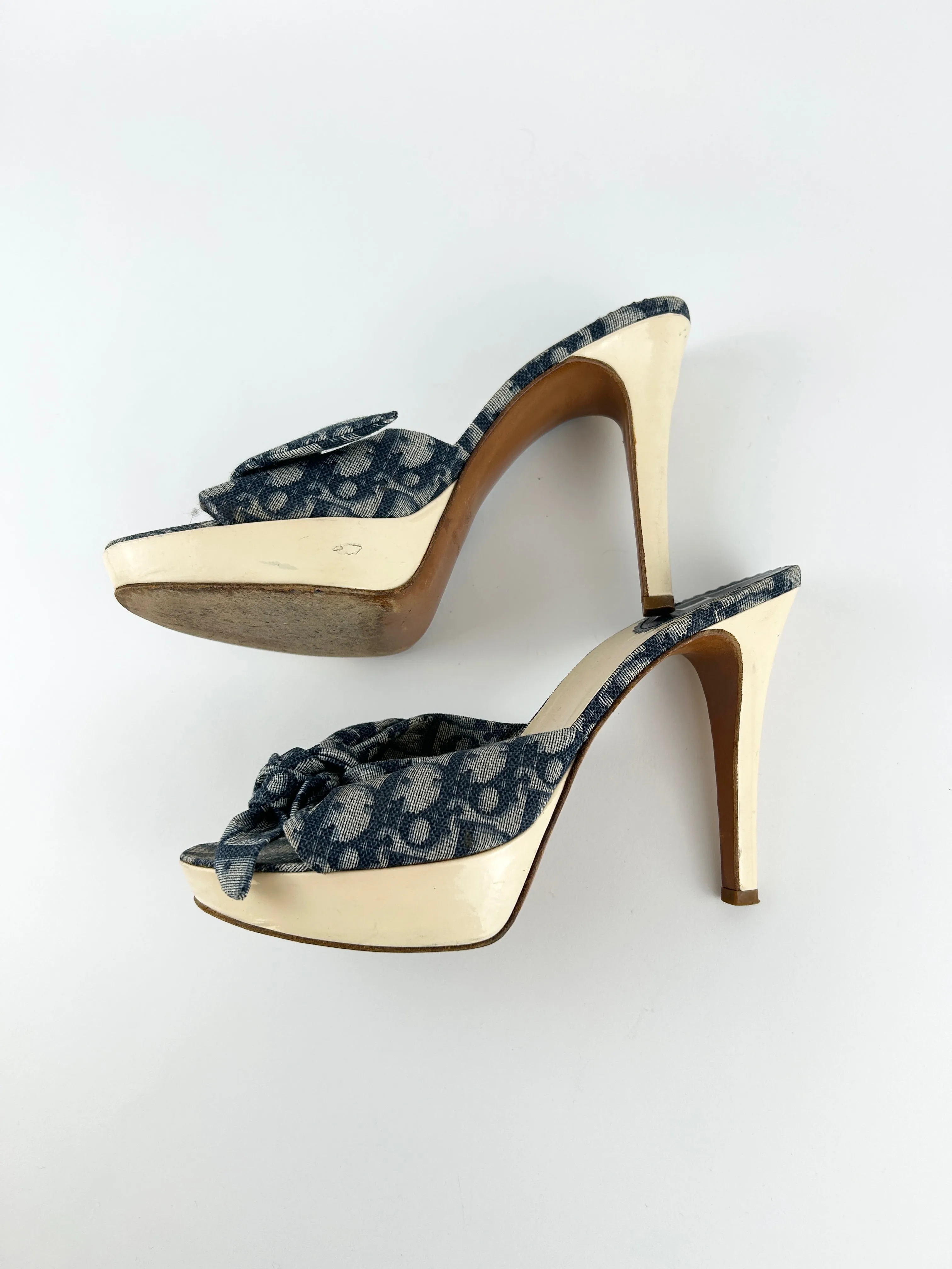 Vintage Christian Dior Blue Monogram Knot Platform Heels