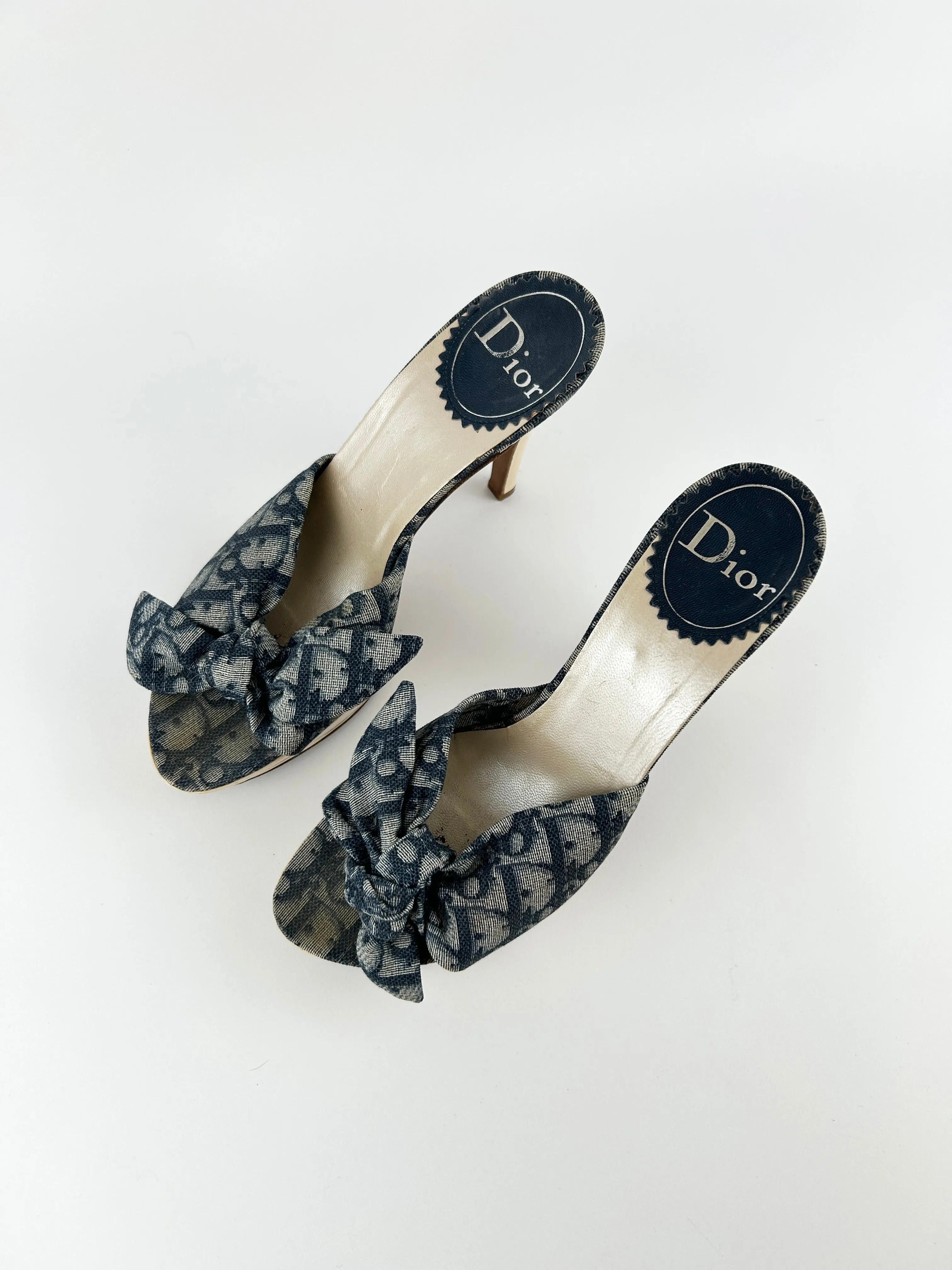 Vintage Christian Dior Blue Monogram Knot Platform Heels