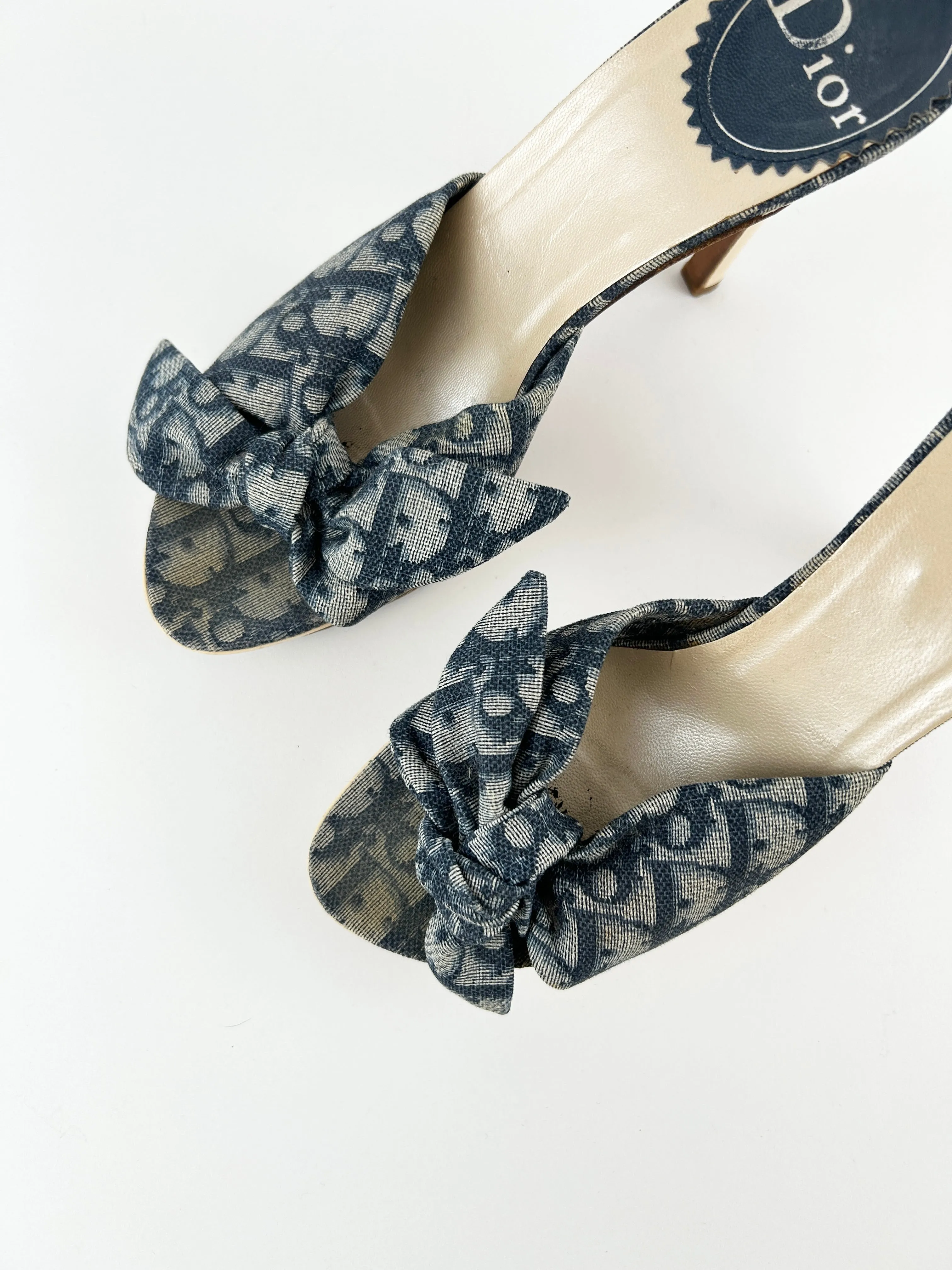 Vintage Christian Dior Blue Monogram Knot Platform Heels