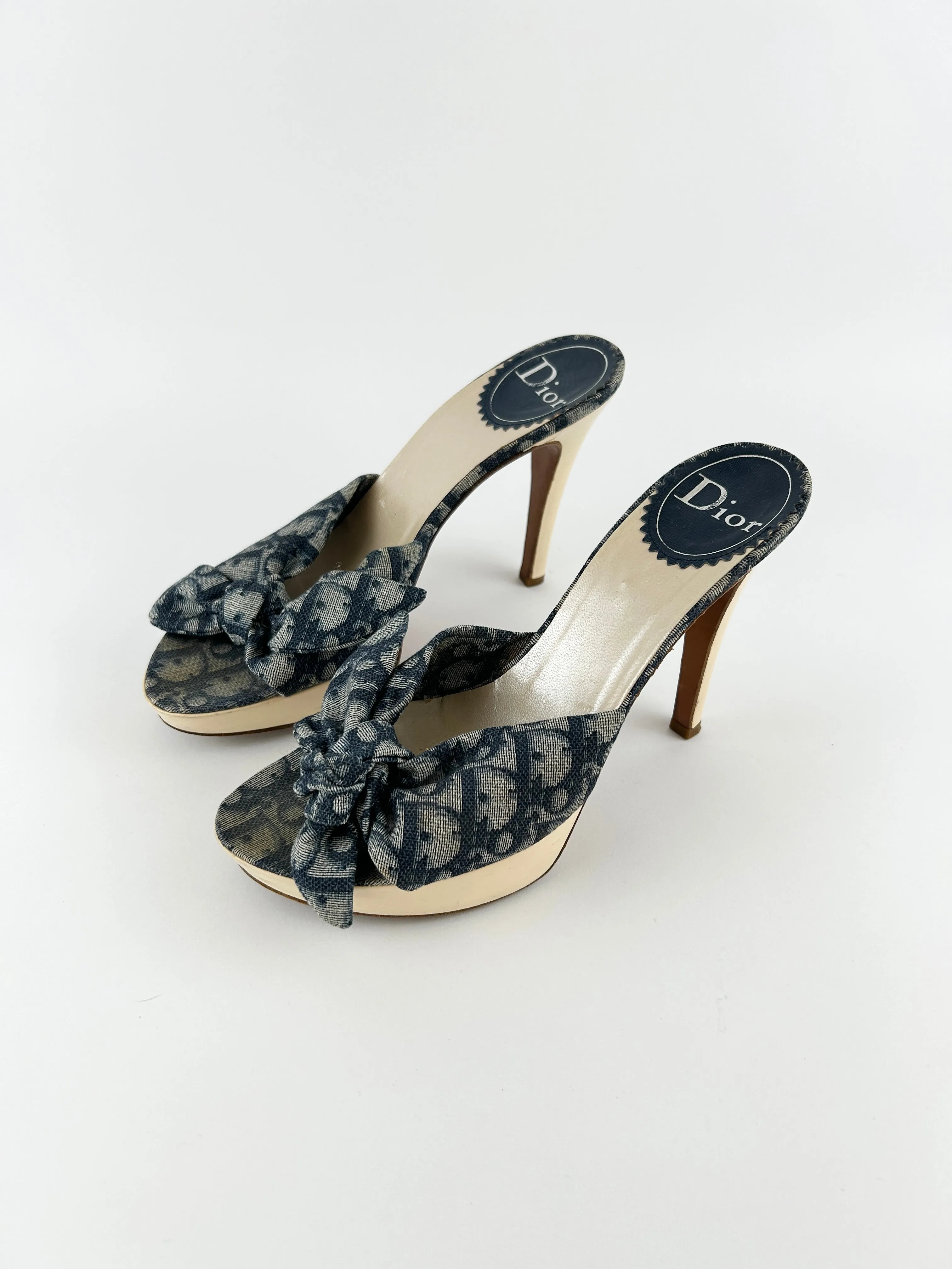 Vintage Christian Dior Blue Monogram Knot Platform Heels