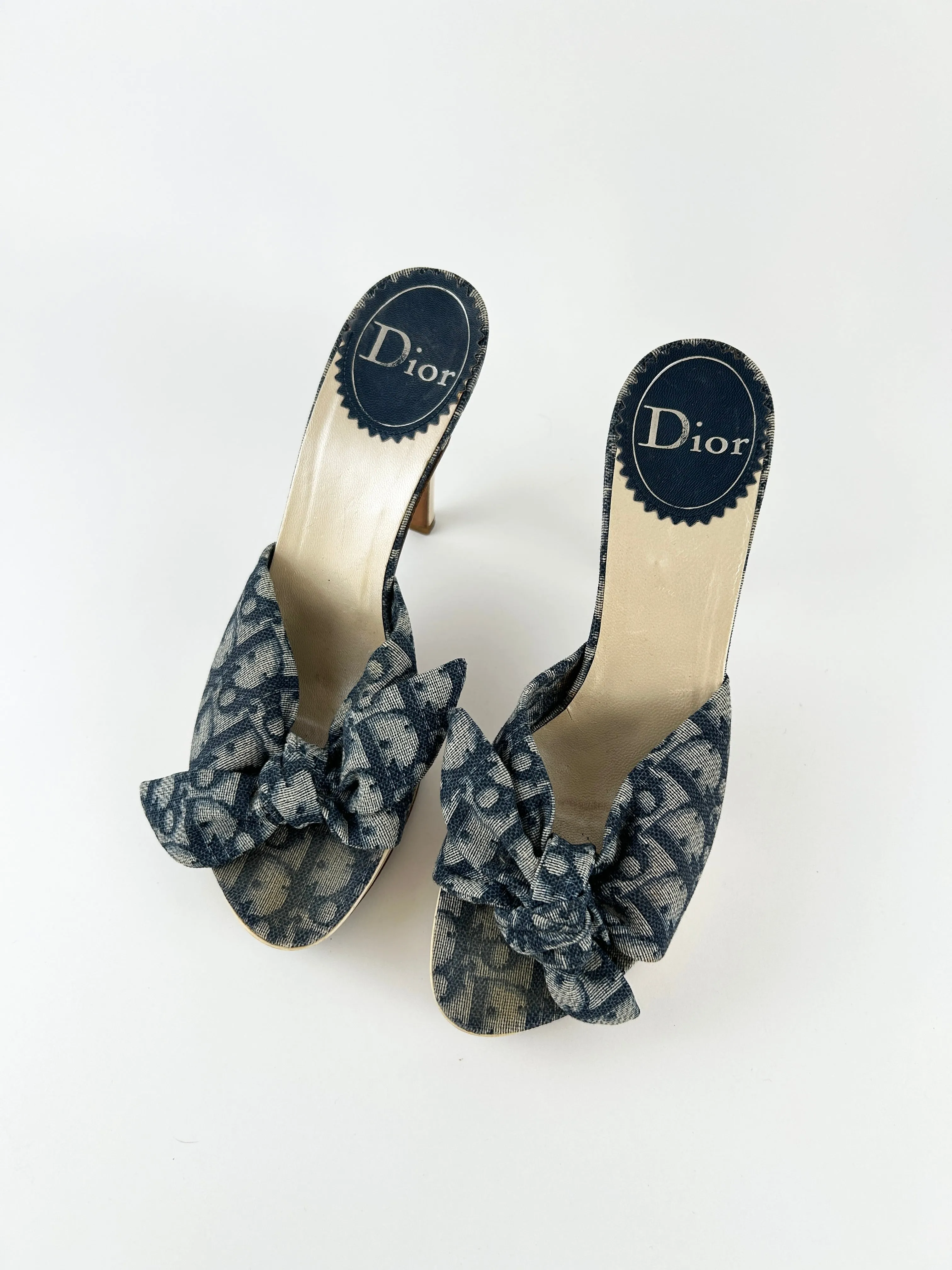 Vintage Christian Dior Blue Monogram Knot Platform Heels