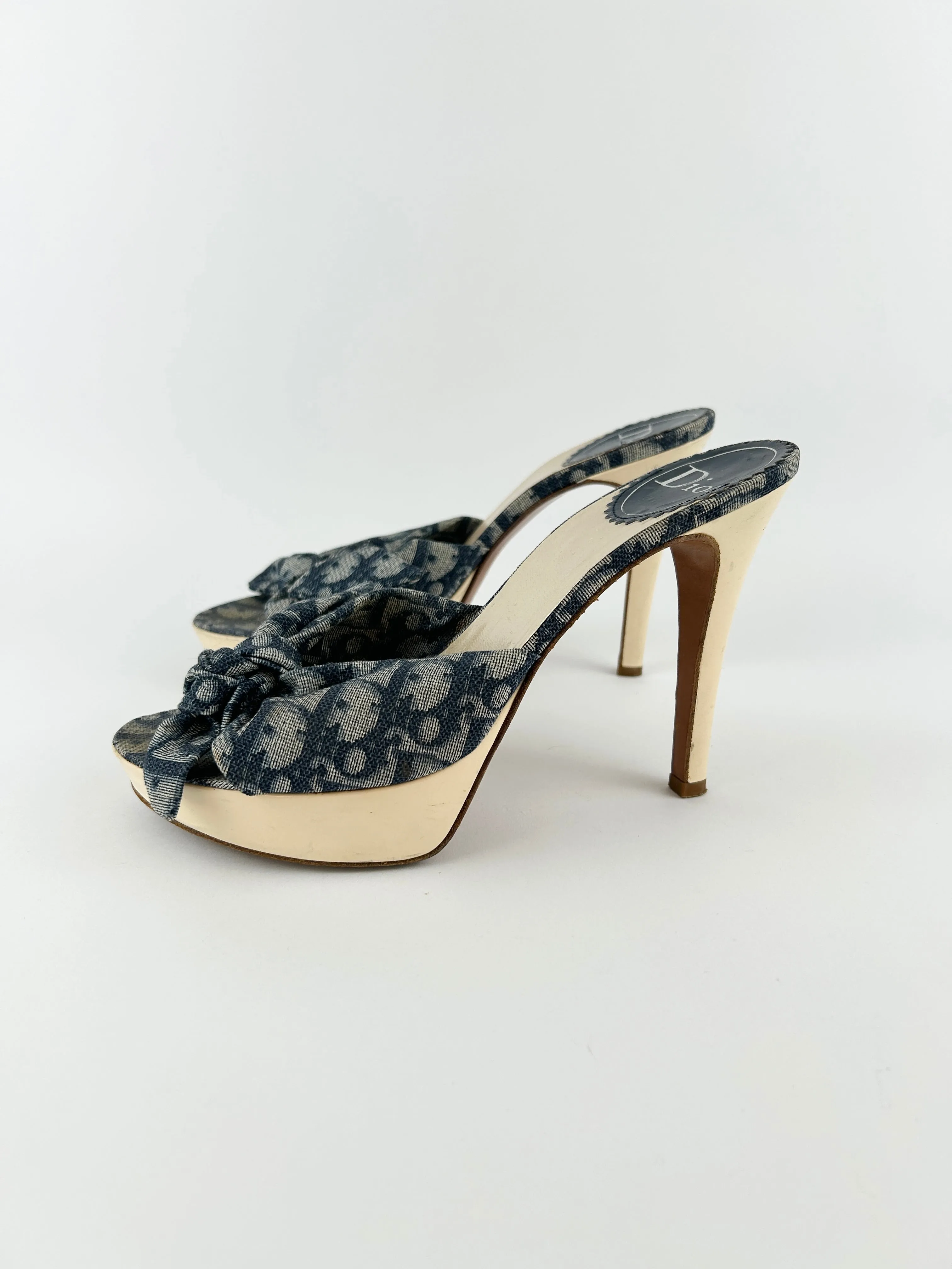 Vintage Christian Dior Blue Monogram Knot Platform Heels