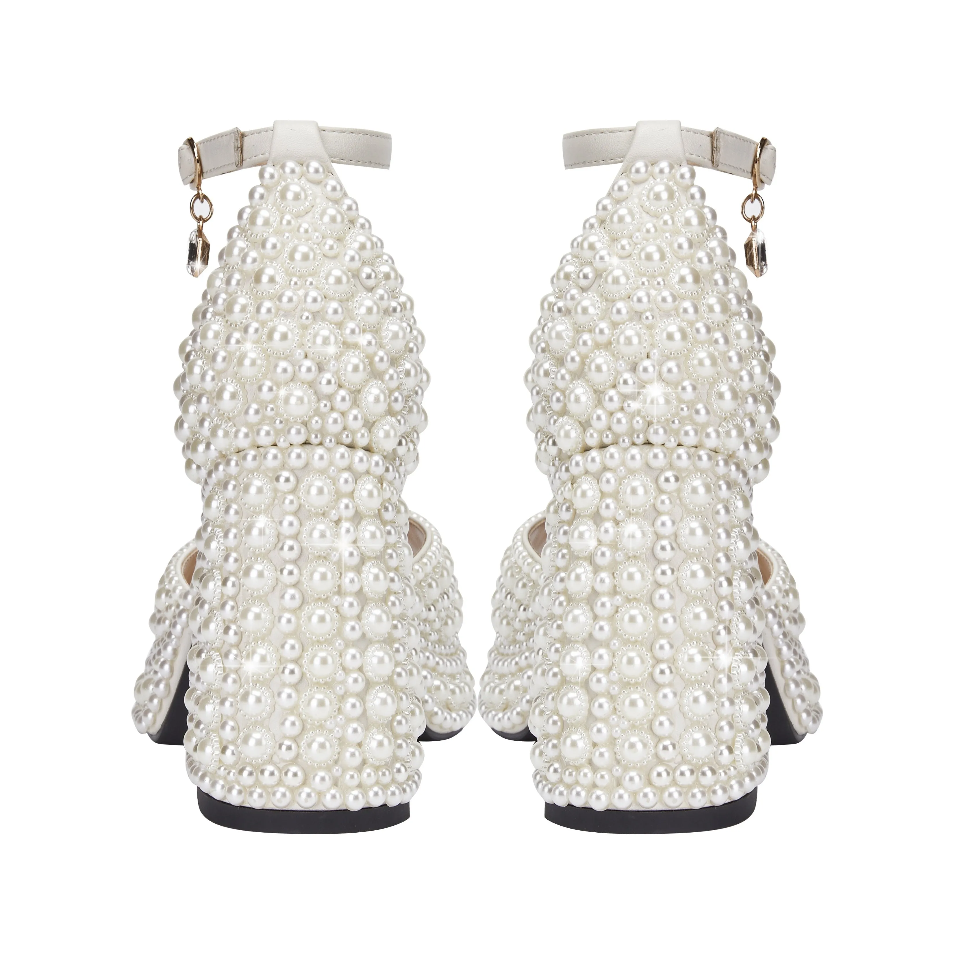 VougeVamp Elegant White Pearl Bridal Sandals – Chunky Heel, Open Toe & Ankle Strap