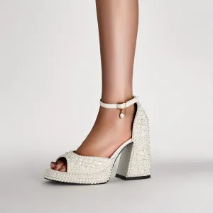 VougeVamp Elegant White Pearl Bridal Sandals – Chunky Heel, Open Toe & Ankle Strap