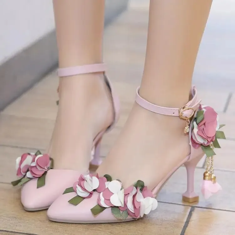 VougeVamp Flower Pearl Princess Lolita Wedding Pumps for Women - Elegant Pointed Toe Stiletto High Heel Summer Sandals