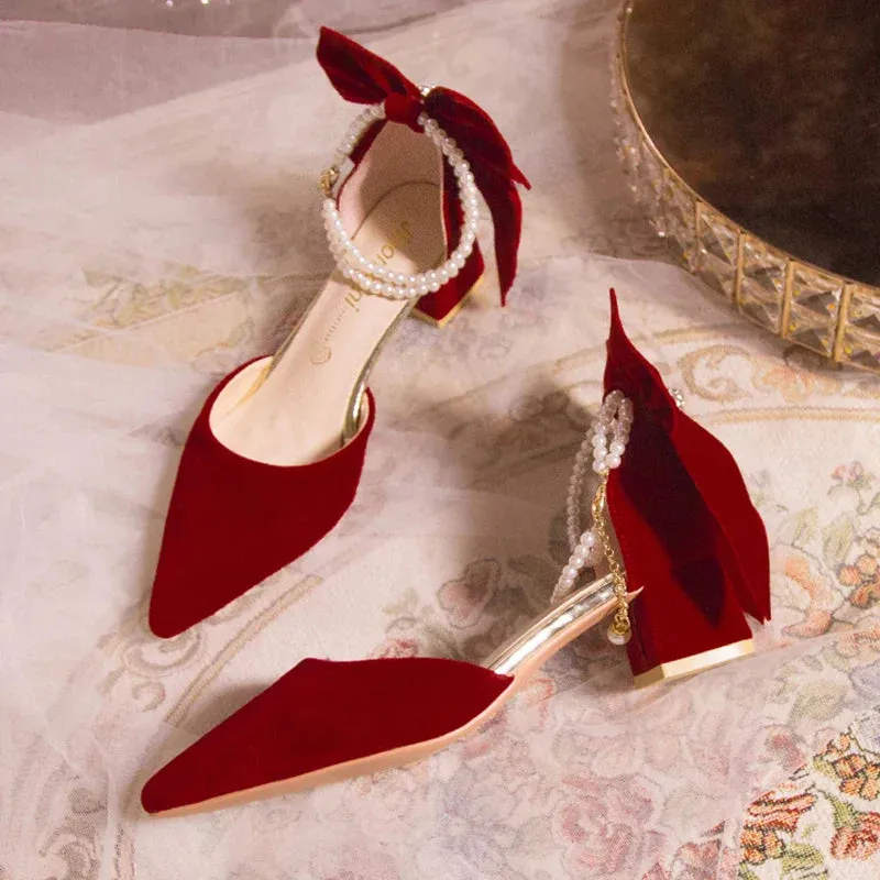 VougeVamp Red Suede Big Bowtie High Heel Pumps for Women - Elegant Thick Heel Pearl Buckle Wedding Dress Shoes