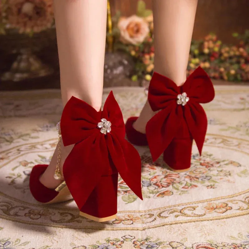 VougeVamp Red Suede Big Bowtie High Heel Pumps for Women - Elegant Thick Heel Pearl Buckle Wedding Dress Shoes