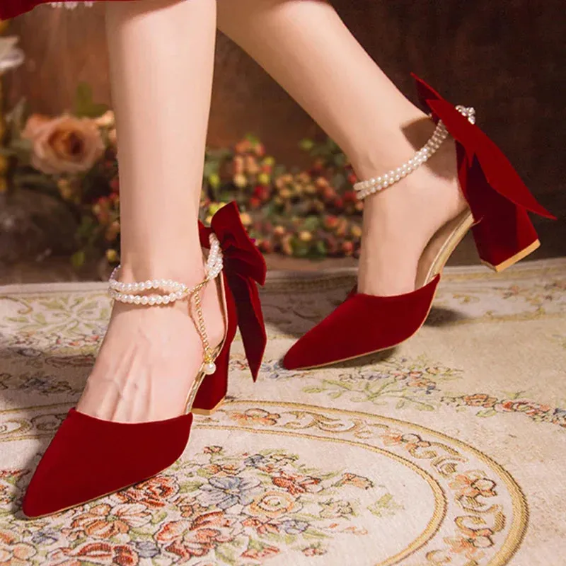 VougeVamp Red Suede Big Bowtie High Heel Pumps for Women - Elegant Thick Heel Pearl Buckle Wedding Dress Shoes