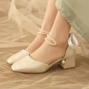 VougeVamp Satin Embroidered Pearl Chain Lolita Sandals - Retro 5cm Thick Heel Waterproof Platform Pumps