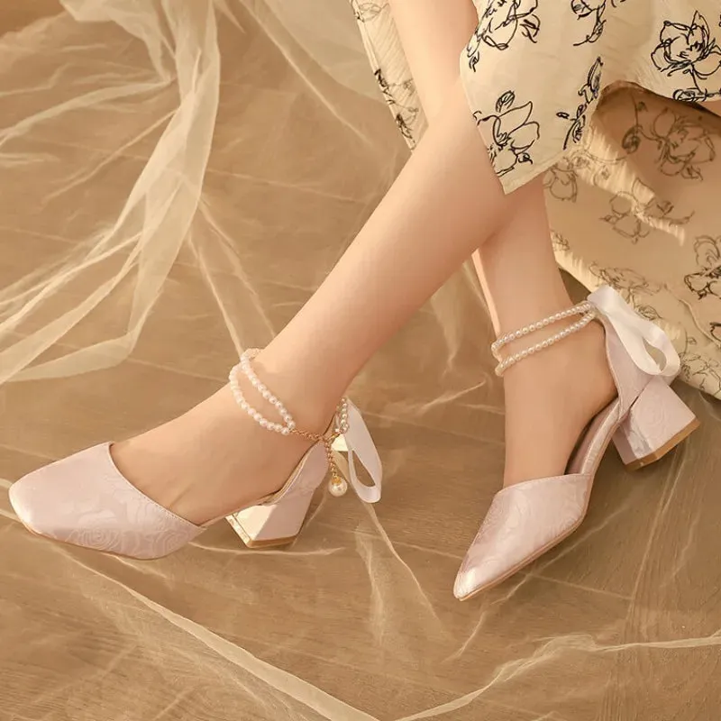 VougeVamp Satin Embroidered Pearl Chain Lolita Sandals - Retro 5cm Thick Heel Waterproof Platform Pumps
