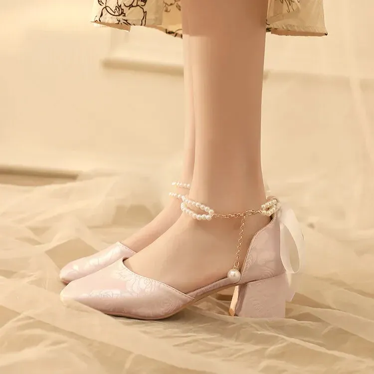 VougeVamp Satin Embroidered Pearl Chain Lolita Sandals - Retro 5cm Thick Heel Waterproof Platform Pumps