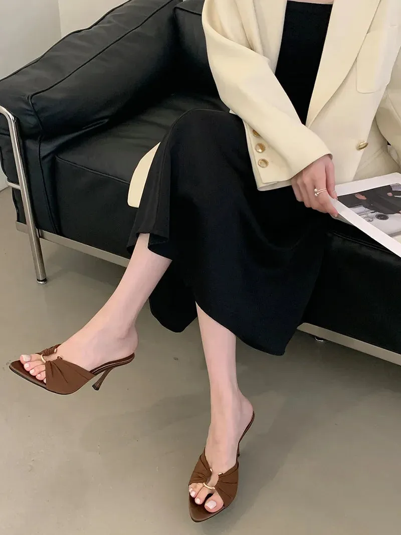 VougeVamp Summer Hollow-Out Mules - Sexy Metal Buckle High Heel Slides in Black and Brown