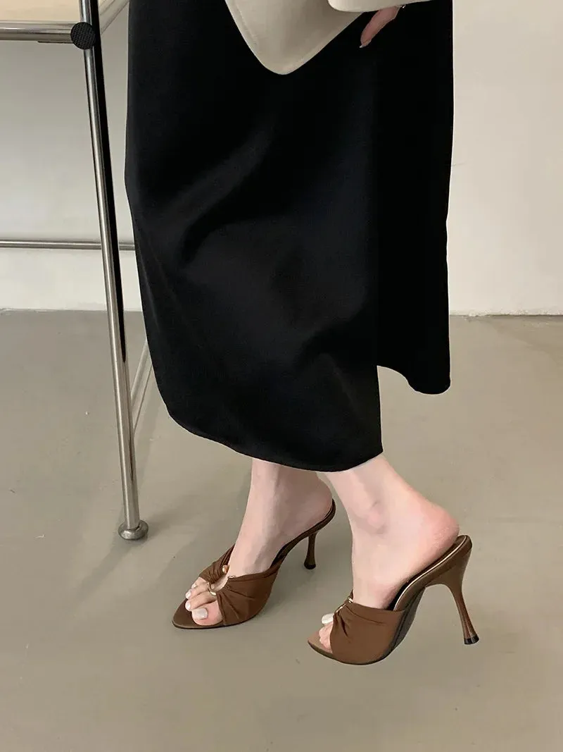 VougeVamp Summer Hollow-Out Mules - Sexy Metal Buckle High Heel Slides in Black and Brown