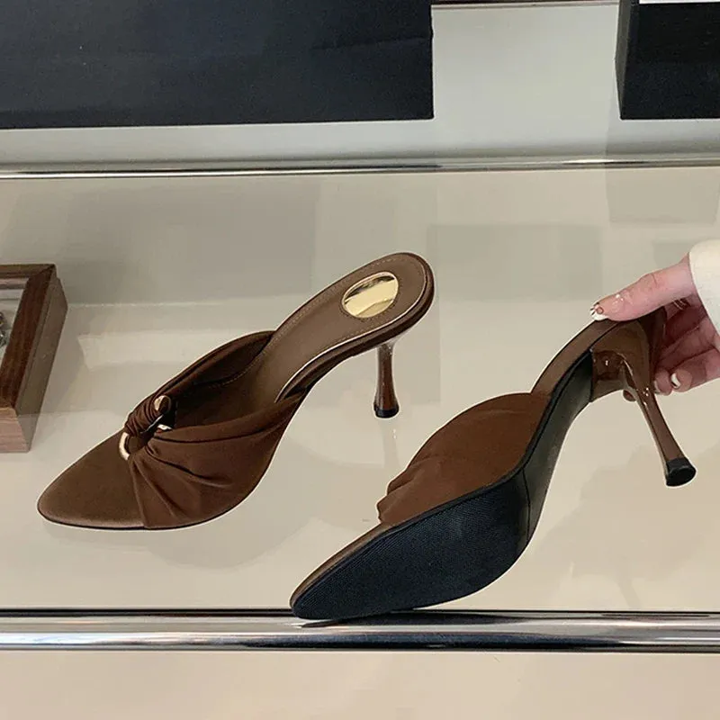 VougeVamp Summer Hollow-Out Mules - Sexy Metal Buckle High Heel Slides in Black and Brown