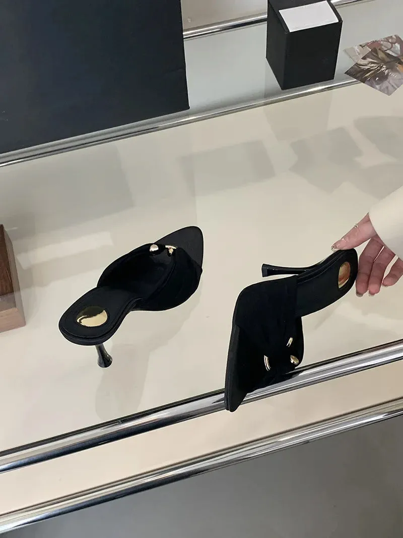 VougeVamp Summer Hollow-Out Mules - Sexy Metal Buckle High Heel Slides in Black and Brown
