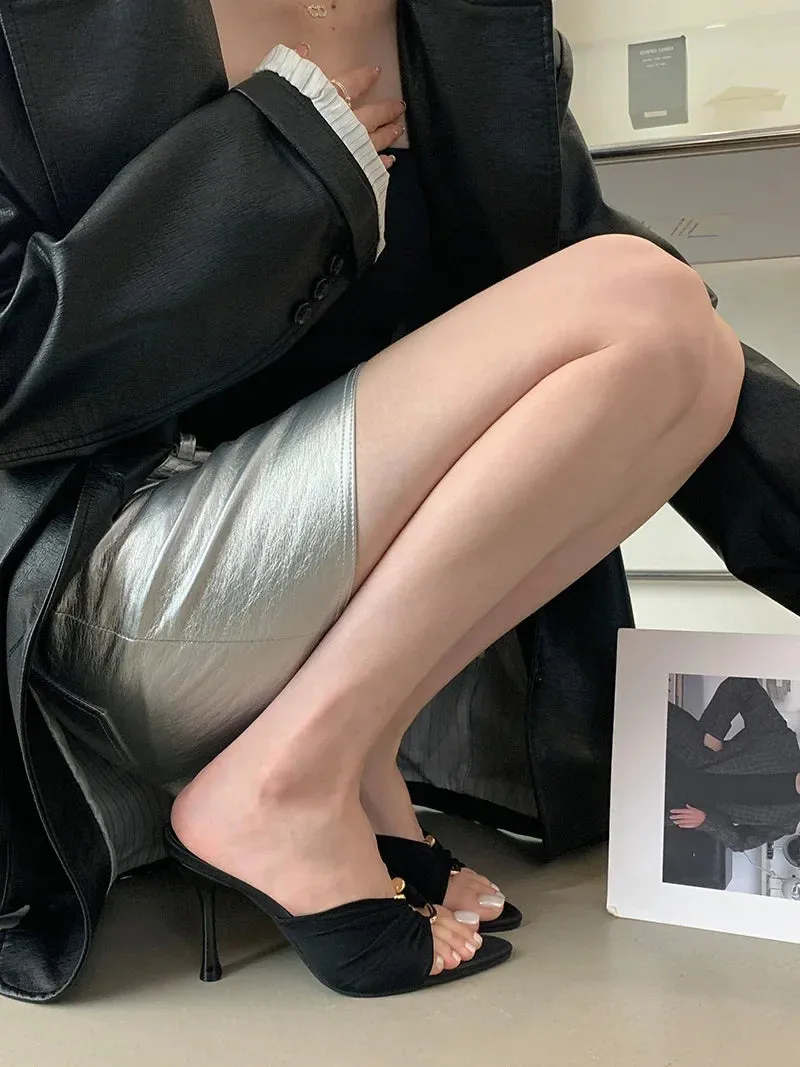 VougeVamp Summer Hollow-Out Mules - Sexy Metal Buckle High Heel Slides in Black and Brown