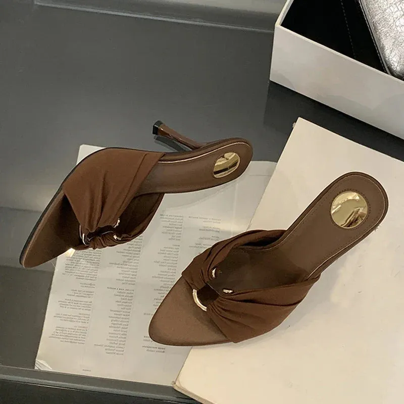 VougeVamp Summer Hollow-Out Mules - Sexy Metal Buckle High Heel Slides in Black and Brown