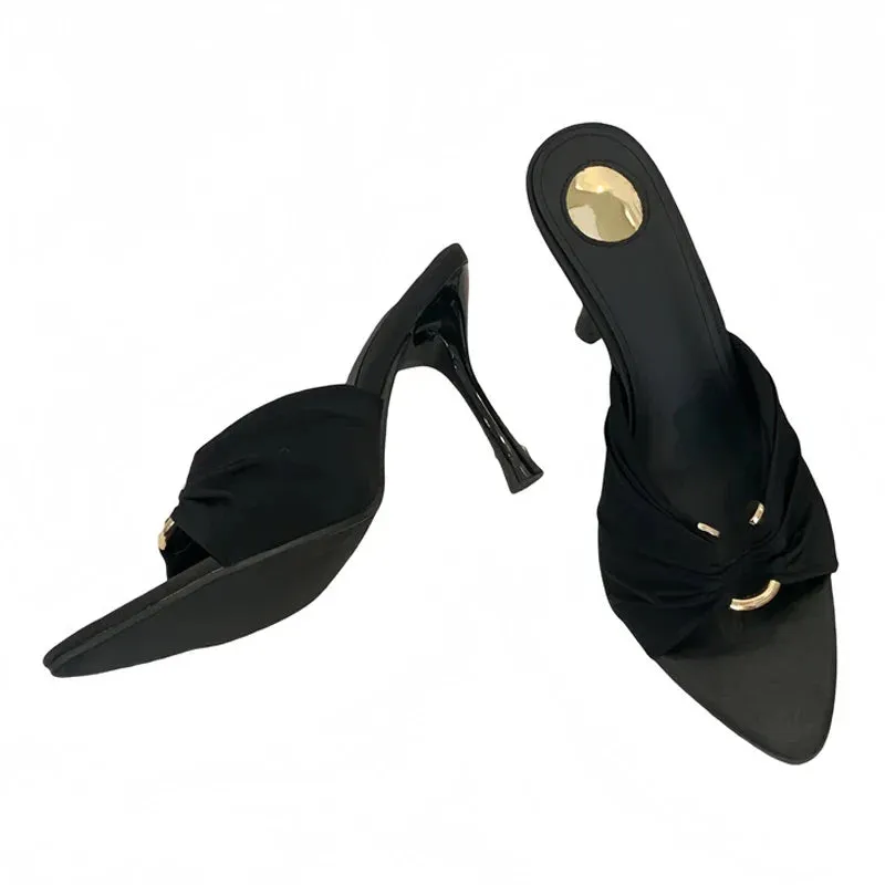 VougeVamp Summer Hollow-Out Mules - Sexy Metal Buckle High Heel Slides in Black and Brown