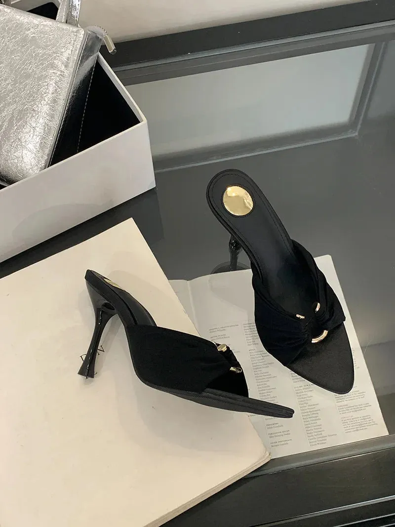 VougeVamp Summer Hollow-Out Mules - Sexy Metal Buckle High Heel Slides in Black and Brown