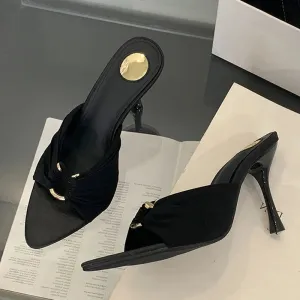 VougeVamp Summer Hollow-Out Mules - Sexy Metal Buckle High Heel Slides in Black and Brown