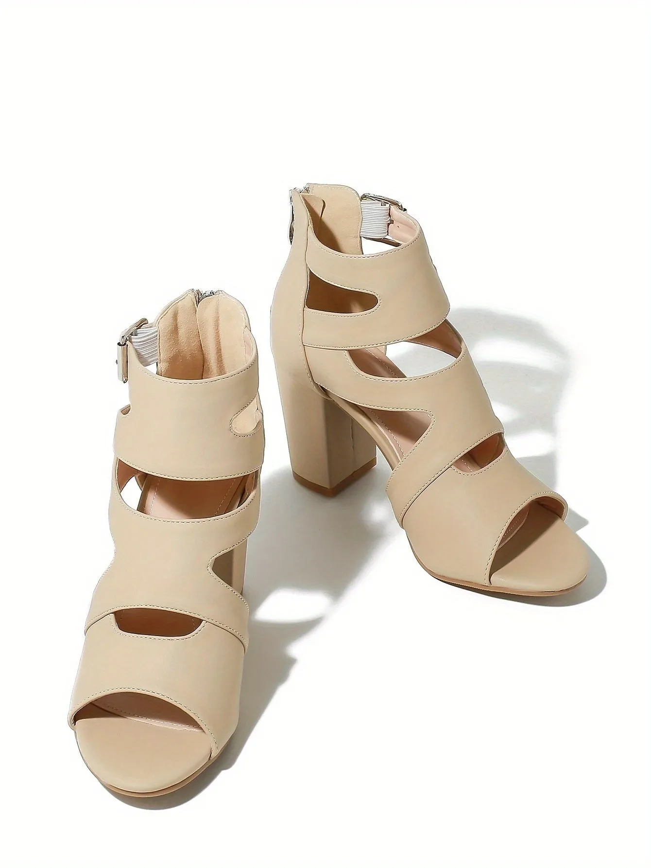 VougeVamp Women's Cutout Block Heel Sandals – Breathable Buckle Strap Summer Pumps with Back Zipper