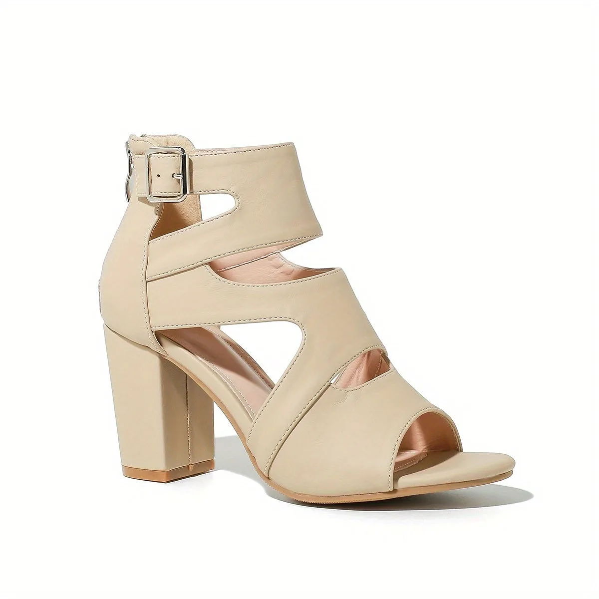 VougeVamp Women's Cutout Block Heel Sandals – Breathable Buckle Strap Summer Pumps with Back Zipper