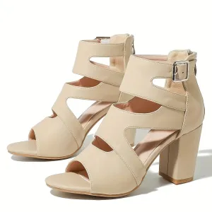 VougeVamp Women's Cutout Block Heel Sandals – Breathable Buckle Strap Summer Pumps with Back Zipper