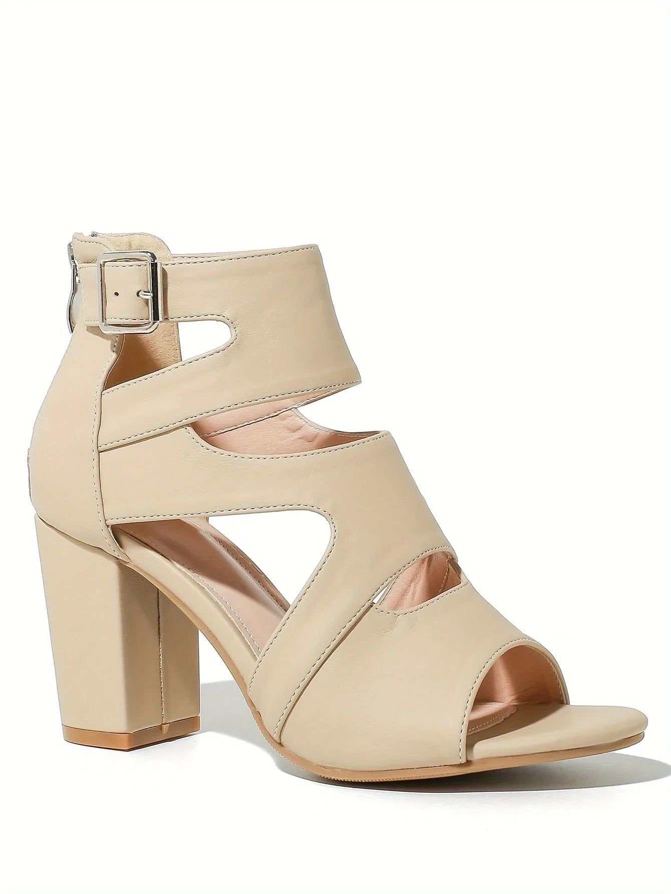 VougeVamp Women's Cutout Block Heel Sandals – Breathable Buckle Strap Summer Pumps with Back Zipper