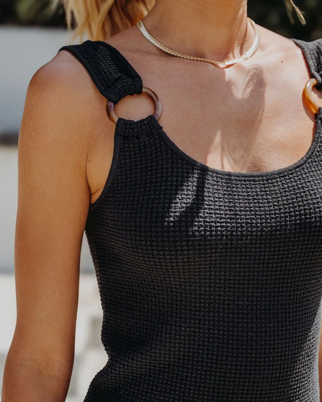 Waffle Knit Ring Strap Mini Dress - Black - FINAL SALE