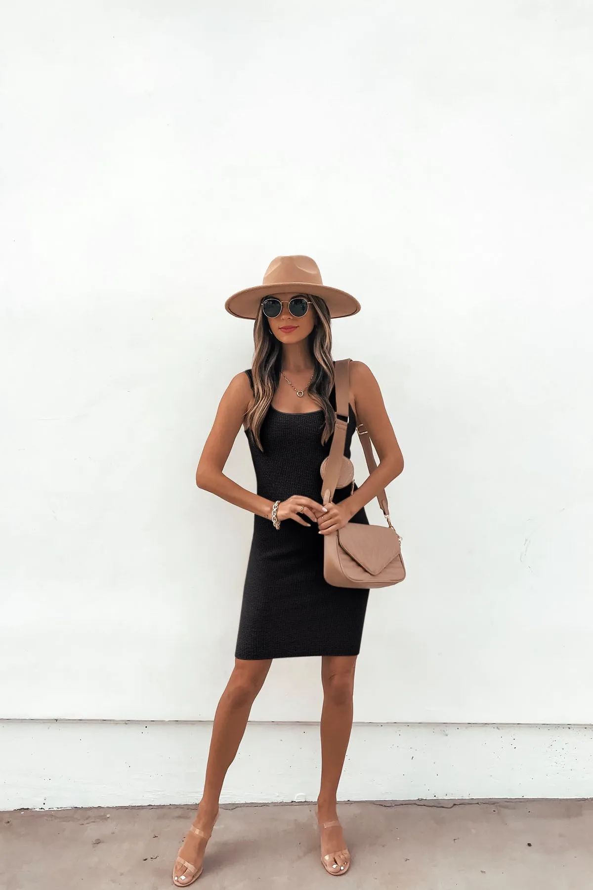 Waffle Knit Ring Strap Mini Dress - Black - FINAL SALE
