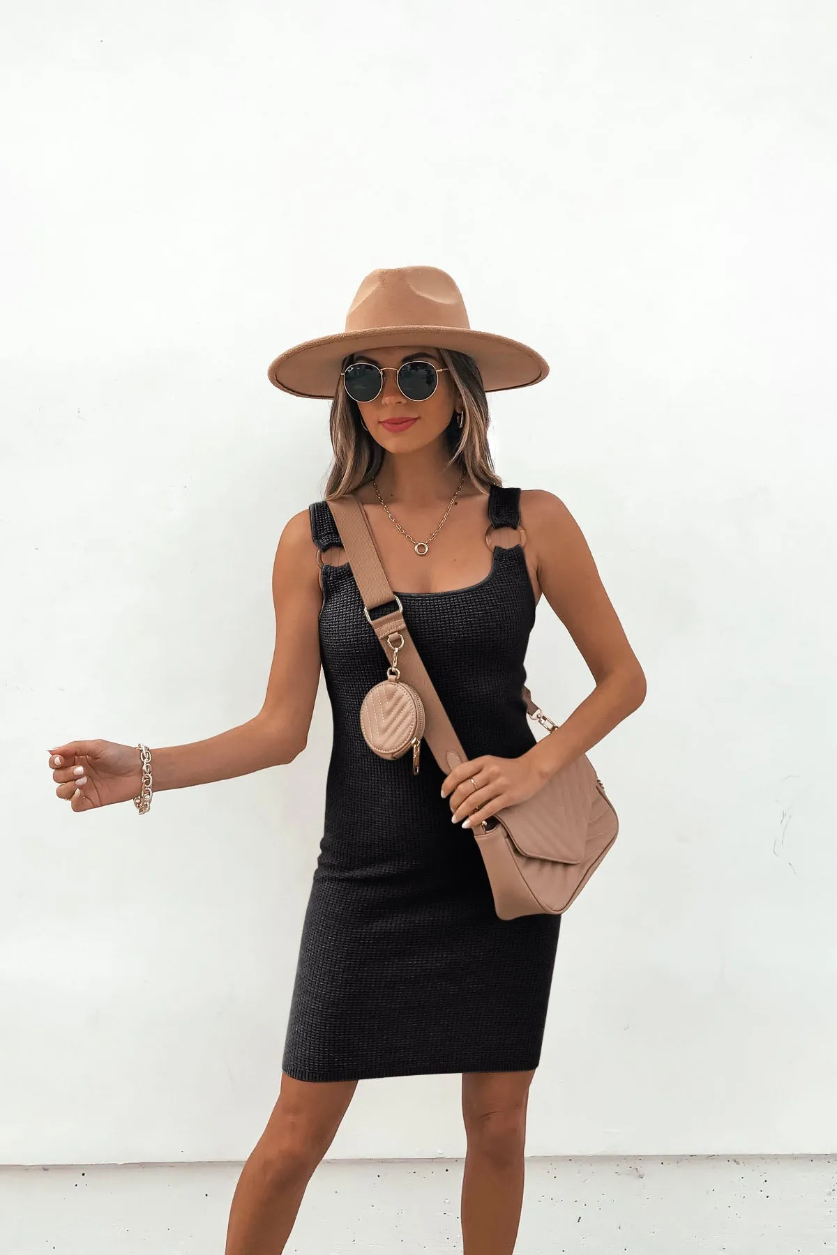 Waffle Knit Ring Strap Mini Dress - Black - FINAL SALE