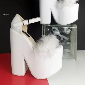 White Fury Ankle Strap Platform Wedge Heels