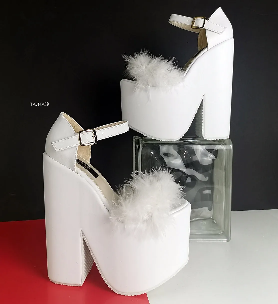 White Fury Ankle Strap Platform Wedge Heels