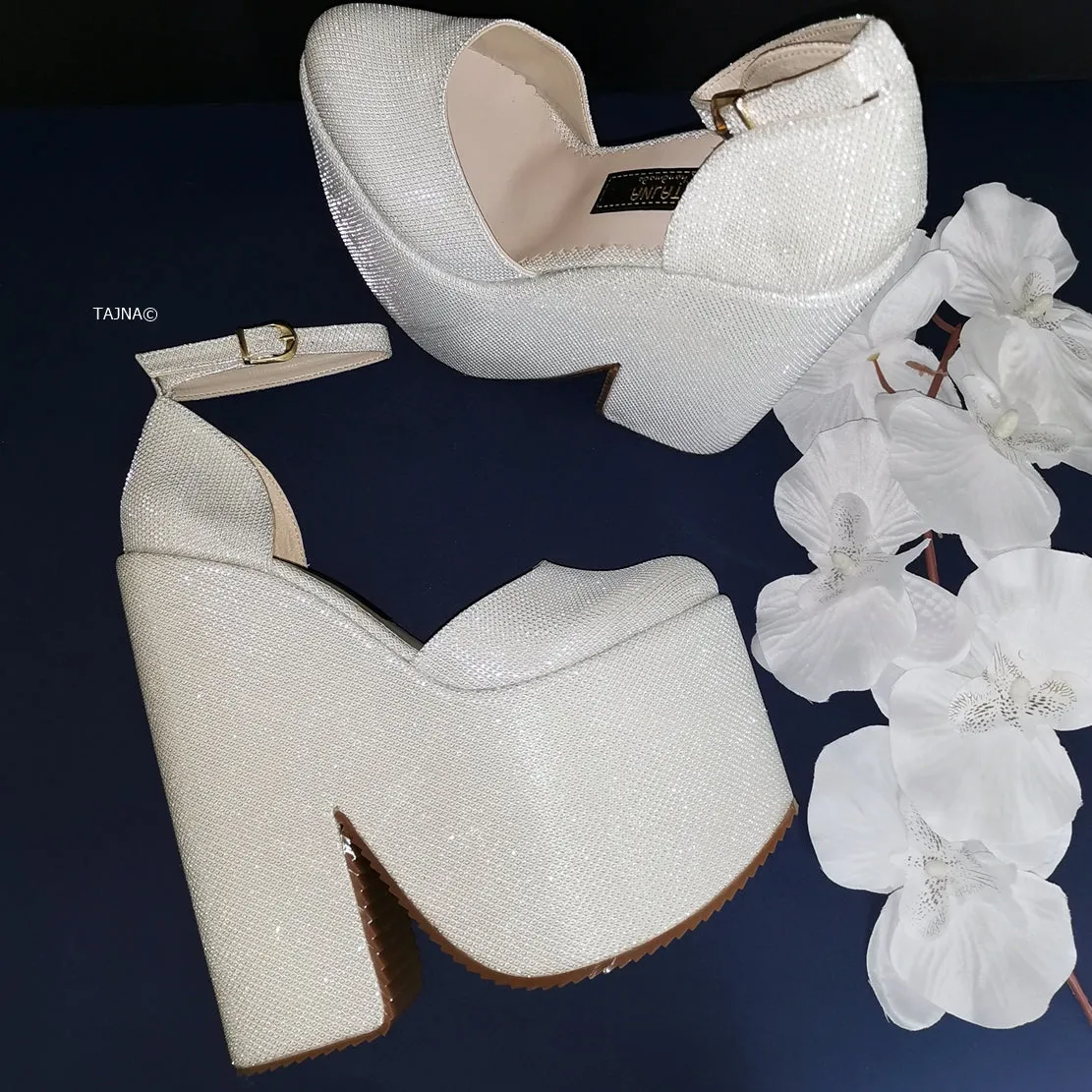 White Shimmer Ankle Wedge Platform Shoes